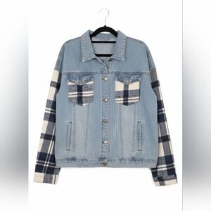 Hybrid Denim Jacket Blue Plaid Flannel Sleeves XXL Pit to Pit 26.5 Nwot Plus